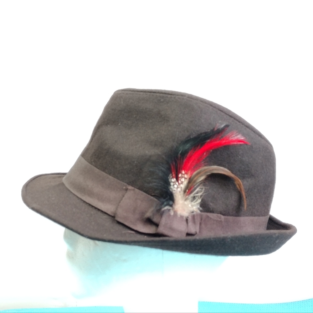 Brown Hat Size S/M Wool Blend Feather and Bow Gentleman Jazz Cap - Unisex